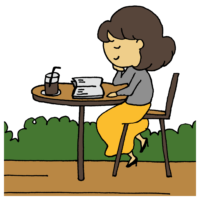 カフェで読書をする女性のフリーイラスト