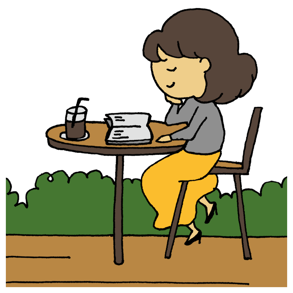 カフェで読書をする女性のフリーイラスト