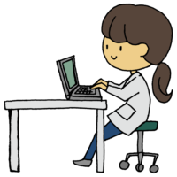 パソコンを操作する白衣を着た女性のフリーイラスト