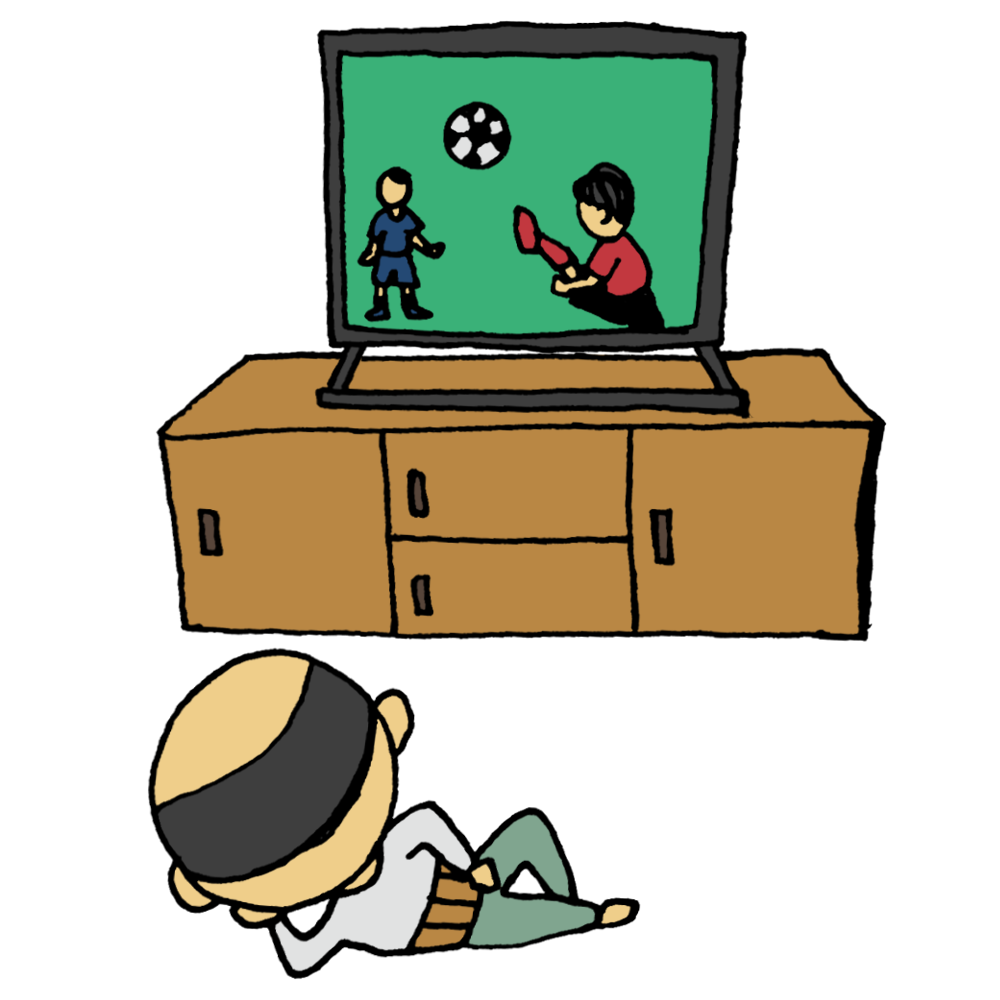 テレビでサッカーを見る後姿の中年男性のフリーイラスト