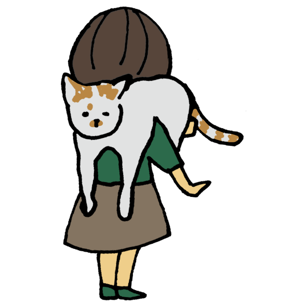猫を肩に乗せる後ろ姿の女性のフリーイラスト