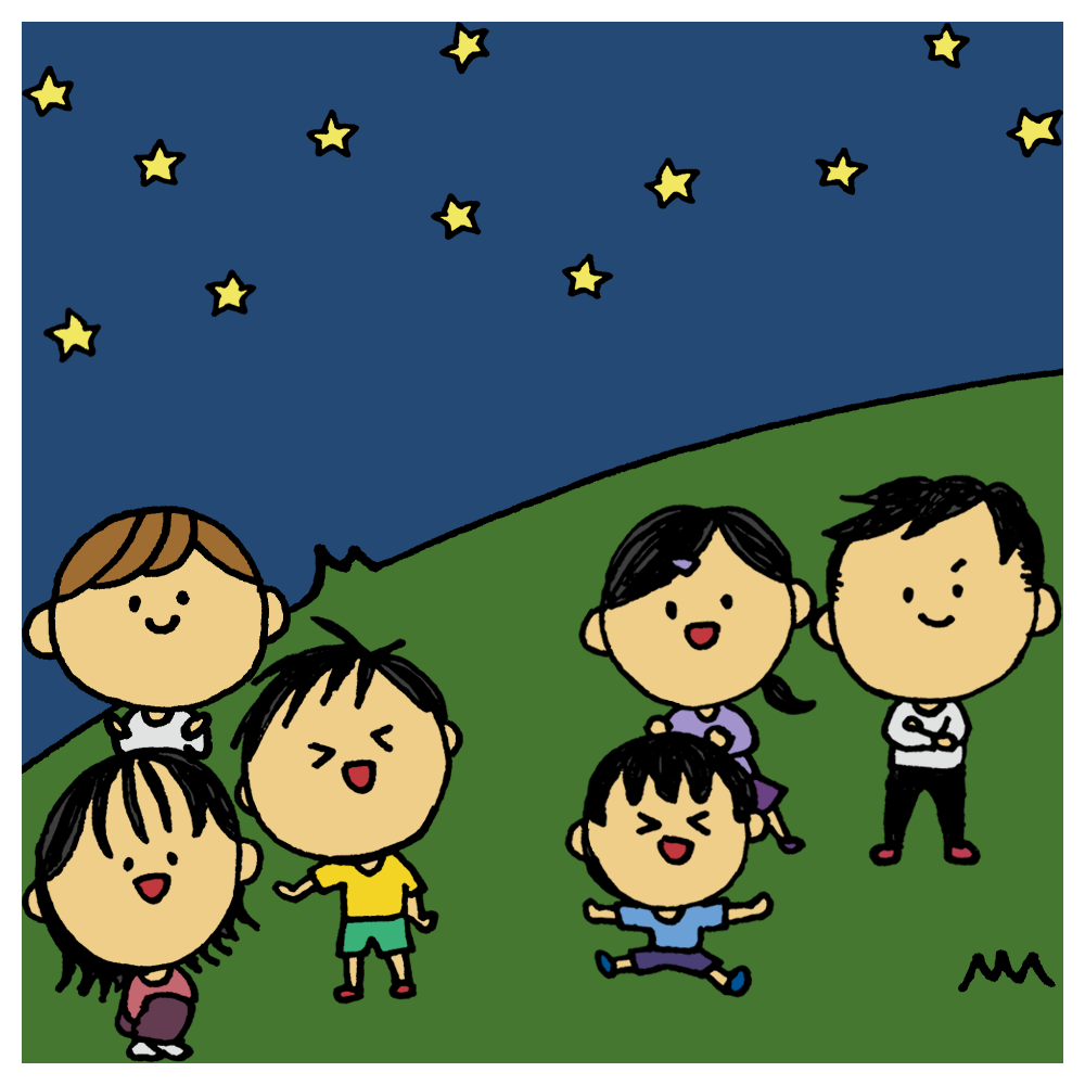 星を見る2組の家族のフリーイラスト