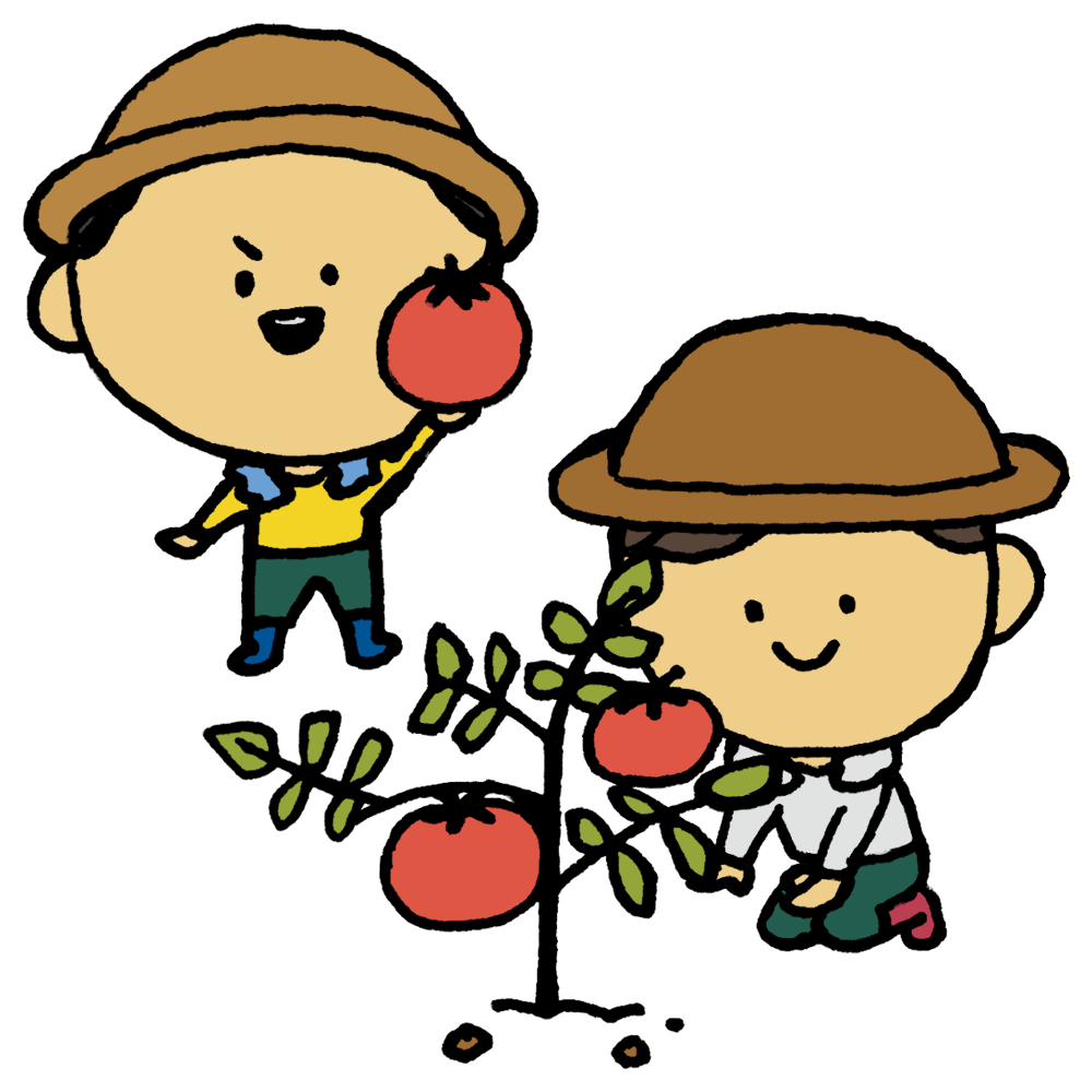 トマトを収穫する女性と男の子のフリーイラスト