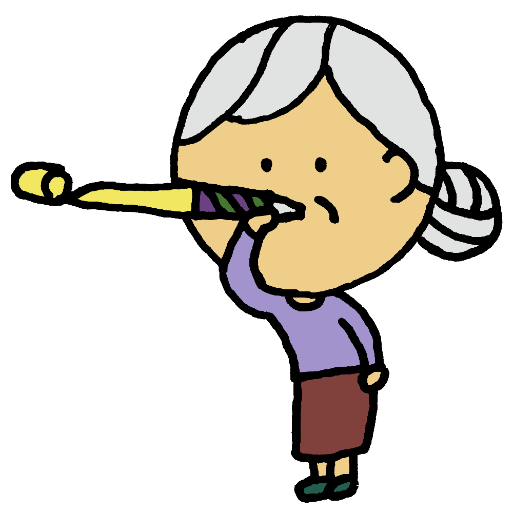 ピロピロ笛で遊ぶ高齢の女性のフリーイラスト