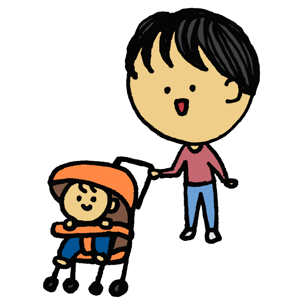 ベビーカーを押しながら話すショートカットの女性のフリーイラスト