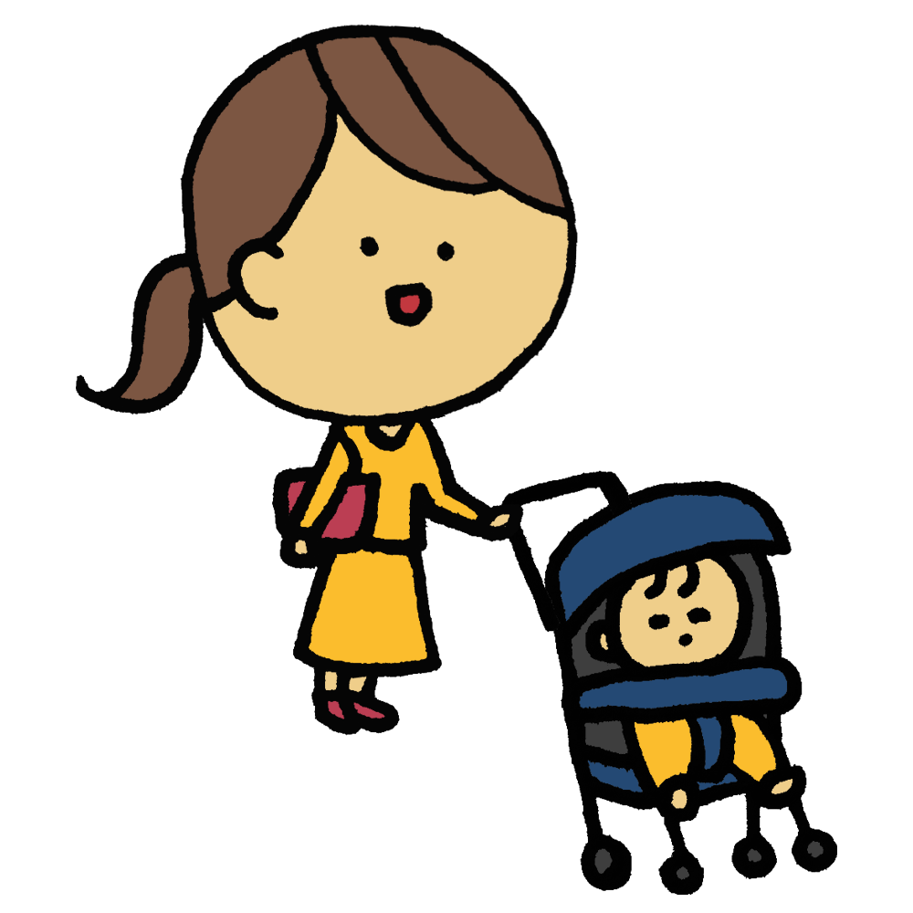 ベビーカーを押しながら話すポニーテールの女性のフリーイラスト