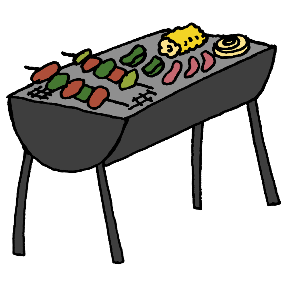 肉と野菜を焼いているBBQコンロのフリーイラスト