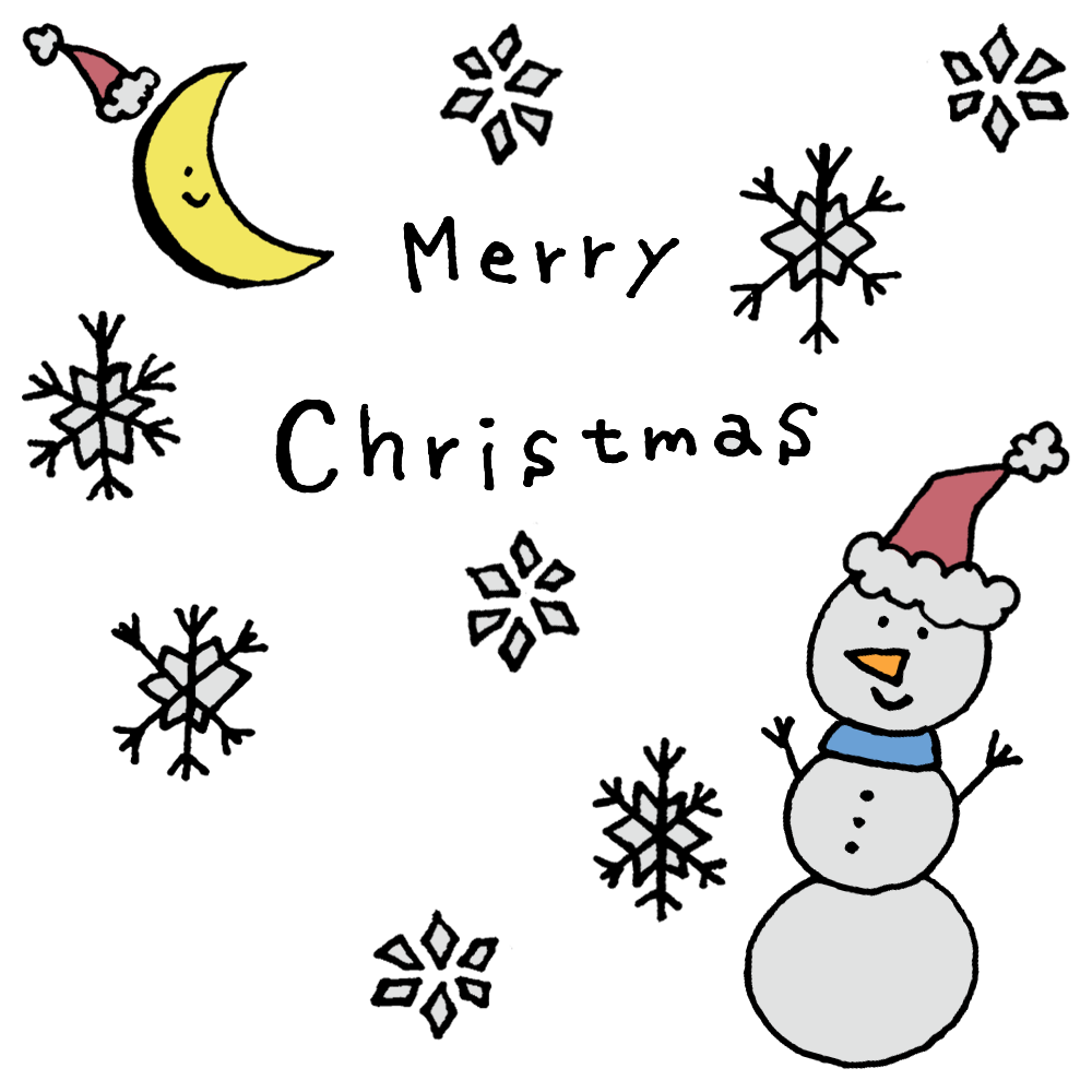 MerryChristmasの文字と雪だるまのフリーイラスト
