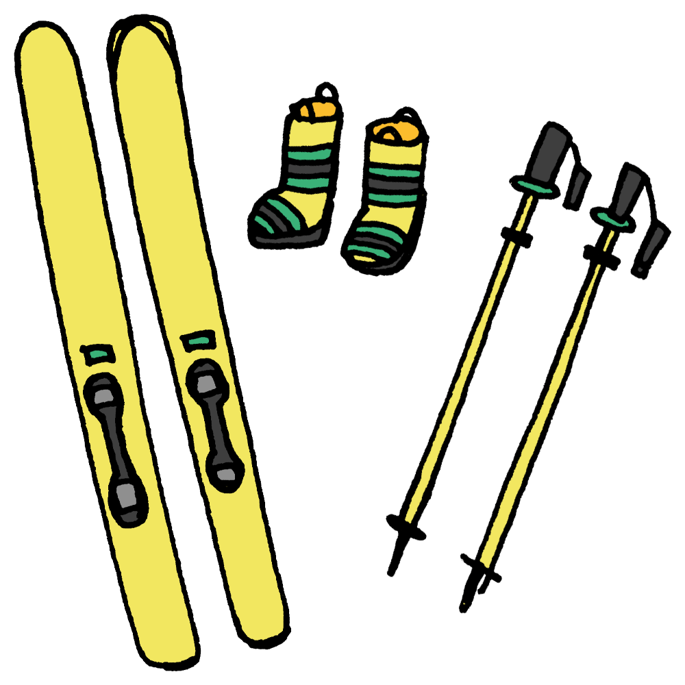 スキー板とスキー靴とストックのフリーイラスト