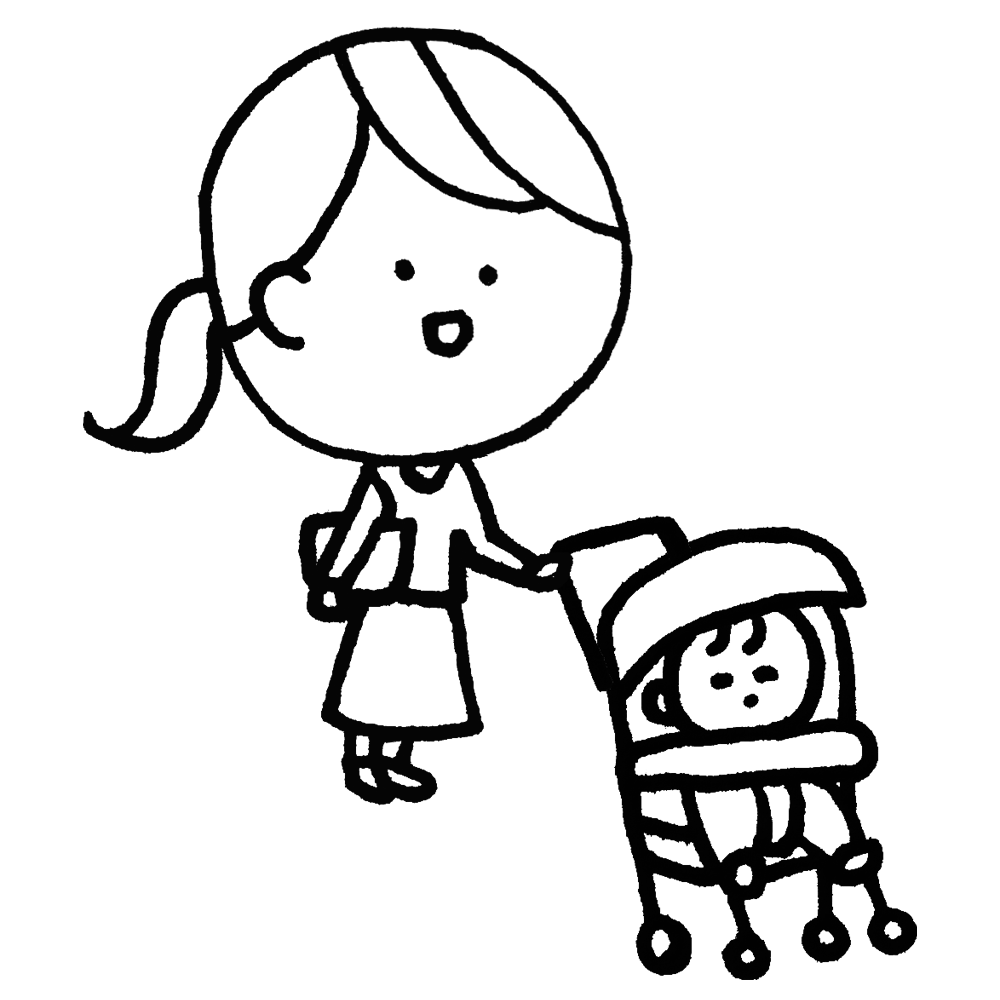 ベビーカー,赤ちゃん,ベビー,ベイビー,移動,人物,乗り物,話す,喋る,お母さん,ママ,女性,手書き風