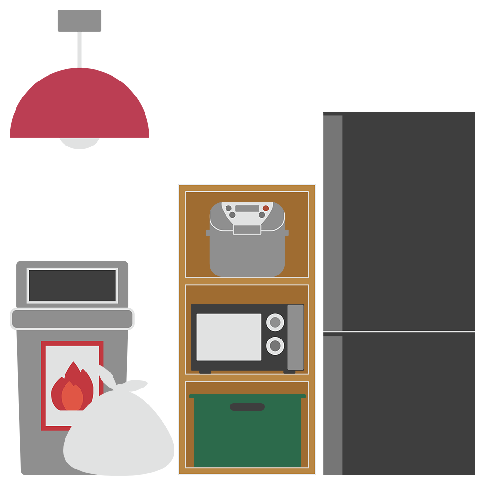 キッチン,家,内装,台所,家の中,ゴミ箱,冷蔵庫,レンジ,炊飯器,ゴミ