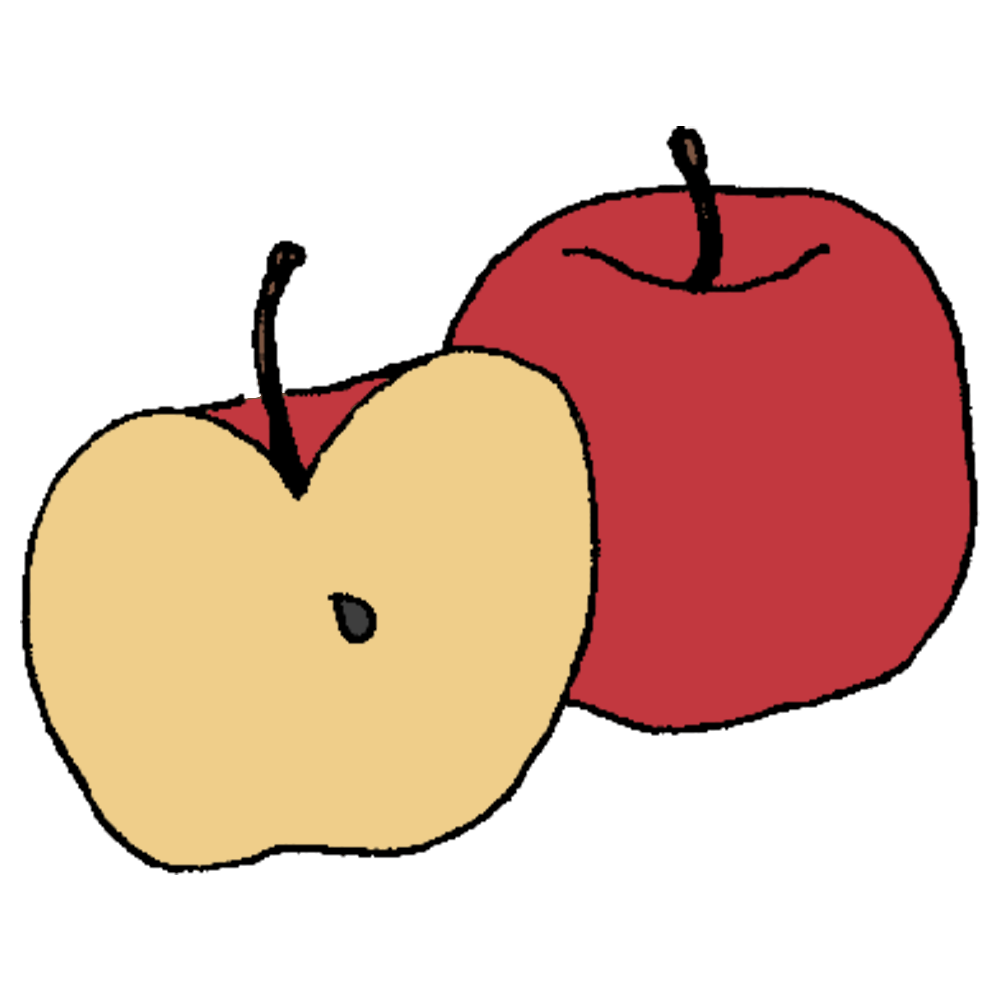 手書き風,果物,リンゴ,りんご,林檎,赤林檎,赤,切る,切った,半分,apple,アップル,食べる,食べた,フルーツ,スイーツ,食べ物,食材